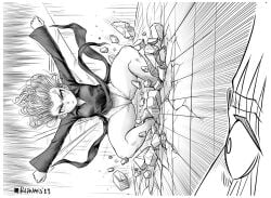 1girls canonical_scene dress dress_lift dress_up female landding meganerid monochrome one-punch_man panties tatsumaki thighs