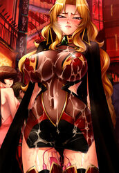 alicia_viewstream blonde_hair blush breasts cum cum_on_body cum_on_breasts cum_on_clothes cum_on_upper_body erect_nipples female gloves highres hips kagami kangoku_senkan_2 large_breasts public red_eyes see-through skin_tight vibrator vibrator_in_thighhighs wide_hips