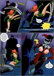 1boy 3girls batman batman:_the_animated_series batman_(series) breasts catwoman catwoman_(dcau) comic comic_page dc_comics dcau dialogue drawnthatwayxx english_text exposed_breasts female fight harley_quinn harley_quinn_(classic) justicehentai.com male multiple_girls nipples poison_ivy poison_ivy_(dcau) red_hair ripped_bodysuit ripped_clothing speech_bubble superhero supervillainess