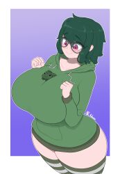 1girls alternate_version_available amphibian big_breasts blush breast_squeeze busty commission enormous_breasts eyebrows_visible_through_hair female female_focus female_only frog gigantic_breasts glasses green_clothing green_hair green_hoodie huge_breasts humongous_breasts kalmoire large_breasts legwear light-skinned_female light_skin massive_breasts original_character pink_eyes short_hair skull_crushing_thighs slight_blush smile smiling solo solo_female solo_focus striped_legwear striped_thighhighs thick_ass thick_thighs thighhighs thunder_thighs traditional_media_(artwork) voluptuous voluptuous_female