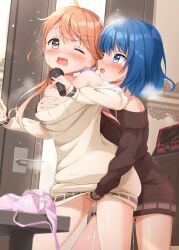 2girls blue_eyes blue_hair blush bra bra_removed breast_grab breasts brown_hair clothed clothing embarrassed female female/female female_focus female_only finger_fuck fondling fondling_breast grey_eyes groping hanasato_minori horny kiritani_haruka lesbian_sex looking_at_another looking_at_partner microphone mika_miche multiple_girls partially_nude precum project_sekai short_hair thighs vaginal_penetration yuri