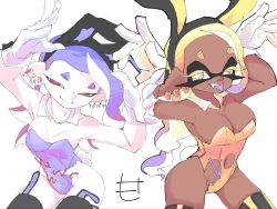 2girls big_breasts blue_hair blue_leotard breast_size_difference bunny_ears bunny_tail bunnysuit carrot clothed dark-skinned_female detached_collar ear_piercing frye_(splatoon) frye_onaga gloves gradient_hair hands_over_head light-skinned_female long_hair looking_at_viewer mocamocaink navel posing purple_tongue rabbit_ears red_eyes shiver_(splatoon) shiver_hohojiro short_hair simple_background skin_tone_difference small_breasts splatoon splatoon_3 strings thighhighs tongue tongue_out torn_clothes yellow_eyes yellow_hair yellow_leotard