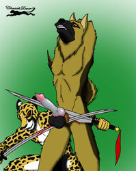 anthro big_penis black_fur black_nose blood blood_stain bloody_sword brown_fur canine cheetah cheetah_lover cock_and_ball_torture feline fur furry gay german_shepherd gore interspecies knot male male_only male_ryona multiple_males nude original overhand_grip penis red_blood red_eyes sword testicles torture weapon white_fur yellow_fur