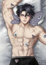 abs genshin_impact lying lying_down lying_on_back lying_on_bed male male_focus male_only muscles muscular muscular_male panditati pecs pectorals solo wriothesley_(genshin_impact)