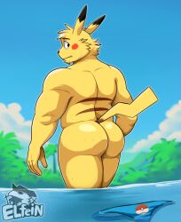 2024 anthro anthrofied artist_name ass biped clothing elfein generation_1_pokemon hi_res male nintendo pikachu pokeball pokeball_underwear pokemon pokemon_(species) pokemorph signature solo speedo speedo_aside standing swimwear tail water yellow_body