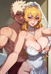 1boy 1girls ai_generated bed blonde_hair blonde_hair_male blush blushing boxers cleavage couple cowboy_shot crossover female hand_on_breast huge_breasts imminent_sex katsuki_bakugou lingerie long_hair male muscular_male my_hero_academia purple_eyes red_eyes rwby selfie spiky_hair sweat sweating thick_thighs usernyn wedding_dress wedding_ring wedding_veil wide_hips yang_xiao_long