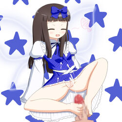 barefoot black_hair blush censored closed_eyes cum cum_on_clothes dress ejaculation feet footjob long_hair no_panties penis pussy ribbon smile star_sapphire_(touhou) toes touhou