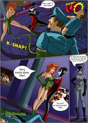 3girls batman:_the_animated_series batman_(series) catwoman catwoman_(dcau) comic dc_comics dcau dialogue drawnthatwayxx english_text female harley_quinn harley_quinn_(classic) justicehentai.com multiple_girls poison_ivy poison_ivy_(dcau) speech_bubble straight_hair supervillainess