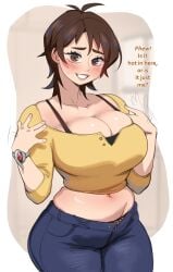 1girls 2d big_breasts blush brown_eyes brown_hair cleavage clothing dialogue english_text female female_only hi_res light-skinned_female light_skin lightsource looking_at_viewer masane_amaha milf mother's_day pale-skinned_female pale_skin shiny_skin smiling smiling_at_viewer solo stomach talking_to_viewer teeth_showing thighs_together witchblade