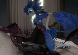 3d_(artwork) 4_ears anal anal_sex anthro avali bedroom blue_blush blue_eyes blush da'vali digital_media_(artwork) duo feathered_wings feathers genitals hi_res holding_leg holding_legs_up jasii jukkavali kita'vali kyrie_(jukkavali) male male/male male_penetrated male_penetrating male_penetrating_male multi_ear penetration penis sex tail tail_feathers tapering_penis wings