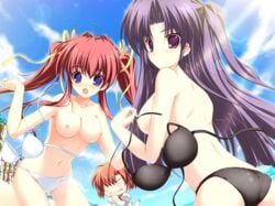 3girls asakura_nanao bikini bikini_malfunction blue_eyes breasts cute_fang enf game_cg grin hagiwara_tomoe hair_ribbon highres long_hair lyrical_ds lyrical_lyric mikeou multiple_girls nipples pink_hair purple_eyes purple_hair ribbon small_nipples smile string_bikini swimsuit takami_rin tied_hair twintails very_long_hair wardrobe_malfunction