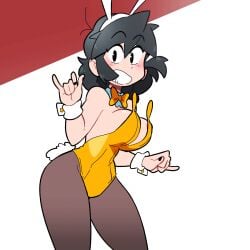 animated black_hair black_leggings black_legwear bouncing_breasts bowtie bunny_ears bunnysuit cuffs_(clothing) fake_animal_ears fake_rabbit_ears fake_tail female female_only leggings lucia_(scott_malin) smile smiling tagme