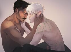 2boys arm_tattoo artist_signature back_tattoo bara beauty_mark black_hair closed_eyes cuddling dark-skinned_male dark_hair dark_skin dorian_pavus dragon_age dragon_age_inquisition duo elf elf_ears elf_male face_tattoo facial_hair fael_lavellan gay gay_male half-dressed human inquisitor_(dragon_age) kurogoesinthedas light-skinned_male light_skin looking_at_partner mage male male/male male_only mole moustache pants pointy_ears shirtless sitting tattoo tattoo_on_arm tattoos video_games white_hair yaoi