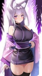 detached_sleeves fox_ears fox_girl kimono kitsune kunoichi long_hair nichita777 original original_character purple_eyes purple_hair thighhighs weapon