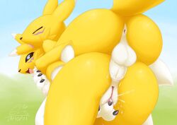 anthro anus ass balls bandai_namco black_sclera blue_eyes breasts claws digimon digimon_(species) female furry furry_only gatomonlover licking male masturbation nipples renamon sex white_body white_fur yellow_body yellow_fur