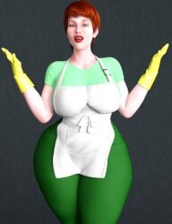 3d 3d_(artwork) apron cleaning clothed dexter's_laboratory dexter's_mom freckled_skin freckles freckles_on_face green_clothing green_eyes happy leggings milf mother onlythicks posing red_hair red_lipstick short_hair thick thick_ass thick_hips thick_thighs thighs