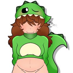 blush brown_hair chubby chubby_female dinosaur dinosaur_girl female girl green_clothing green_eyes oc roblox robloxian shy shy_girl