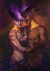 2boys abs artist_name artist_signature artist_website bara biceps black_hair claws completely_nude cuddling dark-skinned_male dark_hair dark_skin demon demon_tail dorian_pavus dragon_age dragon_age_inquisition duo ear_piercing earrings evil_grin evil_smile face_tattoo facial_hair fael_lavellan flaccid_penis flaming_hair gay_male glowing_eyes horns humanoid inquisitor_(dragon_age) jewelry kurogoesinthedas light-skinned_male light_skin looking_at_viewer magic male male_only male_pubic_hair muscles muscular_male mustache naked naked_male nude_male pecs penis piercing pointy_ears smile smiling soul_patch tail tattoo tattoos video_games