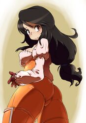 ass black_hair bodysuit brown_eyes bulge clothed fat_mons female female_only final_fantasy final_fantasy_ix fully_clothed garnet_til_alexandros_xvii gloves highres human hun latex leather long_hair looking_back low-tied_long_hair plump skin_tight solo