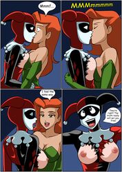 2girls batman:_the_animated_series batman_(series) breasts cleavage closed_eyes comic dc_comics dcau dialogue drawnthatwayxx english_text female female_only harley_quinn harley_quinn_(classic) human justicehentai.com kissing multiple_females multiple_girls nipples poison_ivy poison_ivy_(dcau) speech_bubble supervillainess yuri