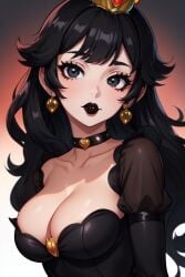 1girls ai_generated black_choker black_clothing black_dress black_eyebrows black_eyes black_hair black_lipstick breasts choker cleavage clothing crown dark_peach_(splatodyssey) dress earrings female female_only goth goth_girl lipstick looking_at_viewer mario_(series) matching_hair/eyes nintendo perchance_ai princess_peach solo splatodyssey super_mario_bros.