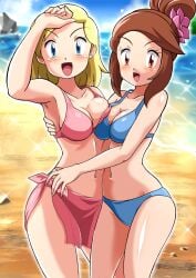 2girls arm_up armpits beach bikini blonde_hair blue_bikini blue_eyes blush breast_press breasts brown_eyes brown_hair creatures_(company) day female game_freak hair_bun hand_on_another's_hip kohta_(artist) looking_at_viewer medium_breasts multiple_girls nintendo npc_trainer ocean pink_bikini pokemon pokemon_dppt pokemon_frlg sand short_hair swimmer_(pokemon) swimsuit water