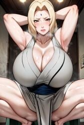 ai_generated arms_up big_breasts blonde_hair brown_eyes hair_ribbon huge_breasts japanese_clothes kunoichi large_breasts light-skinned_female light_skin looking_at_viewer mature_female milf mommy naruto naruto_shippuden shounen_jump squatting sweat sweatdrop tanumanai thick_thighs thighs tiptoes toes tsunade voluptuous voluptuous_female