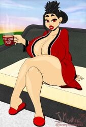 anna_(j.monkey23) big_penis black_hair breasts cleavage coffee coffee_mug hair_up huge_breasts human j.monkey23 lips lipstick milf morning nipple_bulge no_panties outside red_eyes red_lipstick robe slippers thick_thighs