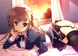 bed black_legwear breasts copyright_request curtains erect_nipples garter_belt garter_straps lace lace-trimmed_thighhighs lying maid maid_headdress mikeou panties pointy_chin sunset thighhighs underwear window