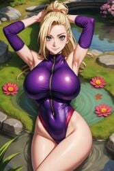 1girls ai_generated armpits arms_behind_back big_breasts blonde_hair breasts female green_eyes ino_yamanaka leotard naruto ponytail solo the_way_(artist) thighs