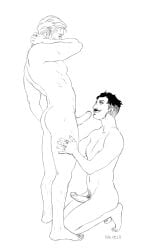 2boys arms_behind_head artist_name artist_signature bara beard_stubble biceps big_penis black_and_white black_hair colorless completely_nude cullen_rutherford dark_hair dorian_pavus dragon_age dragon_age_inquisition duo erect_penis erection facial_hair feet gay gay_male human imminent_blowjob imminent_fellatio imminent_oral imminent_sex kacir18 kneeling light_hair looking_at_another looking_at_partner mage male male/male male_only male_pubic_hair monochrome moustache moustache muscles muscular muscular_male naked naked_male nipples nude nude_male pecs penis pubic_hair ring seductive_look seductive_smile smile smiling standing standing_position straight_male stubble video_games yaoi