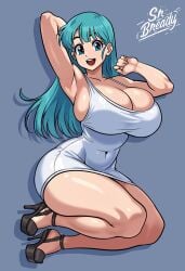 1girls big_breasts blue_eyes blue_hair bulma_briefs cleavage dragon_ball dragon_ball_z dress dress_lift female female_only high_heels large_breasts looking_at_viewer looking_back open_mouth solo solo_female solo_focus srbready thick_thighs thighs wide_hips