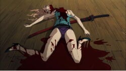 1girls amputation beige_skin bleeding blonde_hair blood-c blood_puddle blood_stain bloody_clothes breasts clothes color death decapitation female female_death female_focus female_only gore guro hair head human indoors injury kanako_tsutsutori nipples on_back panties puddle screenshot severed_head skin skirt solo stained_clothes sword underwear weapon wound