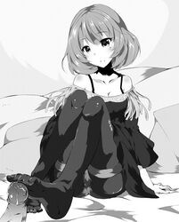 bare_shoulders blush breasts cleavage feet footjob fringe idolmaster idolmaster_cinderella_girls mole monochrome no_shoes off_shoulder panties panties_under_pantyhose pantyhose penis pillow plus9 precum short_hair sitting takagaki_kaede toes underwear