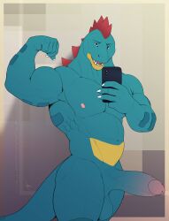 absurd_res anthro balls big_penis bubbaferaligatr bubbagatr crocodilian electronics feraligatr flexing fullbodywolf generation_2_pokemon genitals hi_res male male_only musclegut muscular nintendo nipples pecs penis phone pokemon pokemon_(species) reptile saggy_balls scalie teeth