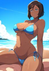 1boy 1girls ai_generated arched_back avatar_legends beach bikini blue_eyes dark-skinned_female dark_skin female highres korra male nai_diffusion nickelodeon rubycks short_hair sitting_on_person skindentation string_bikini sweat the_avatar the_legend_of_korra toned toned_female underboob water_tribe wet