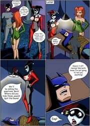 1boy 3girls batman batman:_the_animated_series batman_(series) breasts catwoman catwoman_(dcau) comic comic_page dc_comics dcau dialogue drawnthatwayxx english_text female harley_quinn harley_quinn_(classic) high_heels justicehentai.com male multiple_girls nipples poison_ivy poison_ivy_(dcau) red_hair ripped_bodysuit ripped_clothing rope speech_bubble superhero supervillainess tied_up torn_clothing