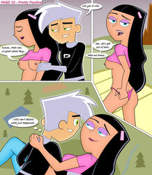 1boy 1girls after_sex breasts brown_skin comic danny_fenton danny_phantom dark-skinned_female dark_skin darkdp female ghost glowing green_eyes interracial male nickelodeon paulina_sanchez pink_thong thong white_hair