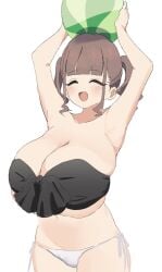 armpits arms_up beach_ball brown_hair closed_eyes cute fangs holding_ball huge_breasts original original_character short_twintails sidelocks smile swimsuit throwing