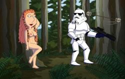 1boy 1girls 20th_century_fox 20th_century_studios 2d against_tree armor background barefoot blackzacek braid breasts clothed_male color completely_nude completely_nude_female crossover day detailed_background distracted distracting endor_moon eyelashes eyes family_guy feet forest full_body fuzzy_door_productions gloves gun hair half-closed_eyes happy headgear helmet holding_gun holding_object holding_weapon human human_only light-skinned_female light_skin lipstick lois_griffin long_hair looking_at_another looking_back looking_back_at_partner lucasfilm nipples nude nude_female nudity outdoor_nudity outside princess_leia_organa ranged_weapon red_hair red_lipstick return_of_the_jedi seductive side_view smile soldier standing star_wars stormtrooper tree weapon