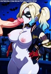 2024 ai_generated batman_(series) bats beautifulcabincrew blonde_hair choker city cum cum_in_mouth dc dc_comics fellatio harley_quinn jacket large_breasts mask masked_female night penis twintails white_skin