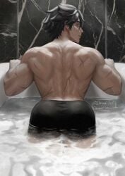 ass ass_focus back_view bath bathroom bubble_ass bubble_butt censored genshin_impact male male_focus male_only muscular muscular_male panditati solo wriothesley_(genshin_impact)