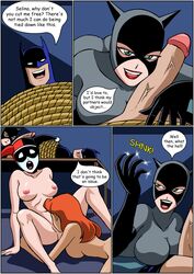 1boy 3girls batman batman:_the_animated_series batman_(series) big_breasts breasts catwoman catwoman_(dcau) comic comic_page cunnilingus dc_comics dcau dialogue drawnthatwayxx english_text female harley_quinn harley_quinn_(classic) justicehentai.com male multiple_girls nipples nude_female penis poison_ivy poison_ivy_(dcau) speech_bubble straight superhero supervillainess yuri