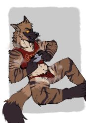 anthro bodily_fluids bulge clothing focused gaming hyena male mammal musk musky_armpit musky_underwear nullyeen red_clothing red_shirt red_tank_top red_topwear redline_(undefeated) shirt sitting slim solo striped_hyena sweat sweatdrop sweaty_body tank_top topwear undefeated yellow_eyes