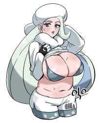 1girls arm_behind_head big_breasts blonde_hair blue_eyes bra breasts clothes_lift creatures_(company) cropped_legs earrings female fur_hat game_freak gloves grey_bra hat jewelry large_breasts long_hair long_sleeves mature_female melony_(pokemon) milf multicolored_hair nintendo old_woman pantyhose pantyhose_under_shorts pearl_earrings pokemon pokemon_ss scarf shorts side_slit side_slit_shorts single_glove solo streaked_hair sweat sweatdrop sweater sweater_lift underwear ushanka white_scarf white_sweater