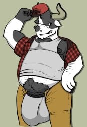 1boy anthro body_hair bulge bulge_down_leg furry furry_only gay hairy hairy_chest hairy_male horns huge_bulge humanoid looking_at_viewer male male_only musk musky obese obese_male oc overweight overweight_male pubic_hair solo solo_focus solo_male unzipped unzipped_pants