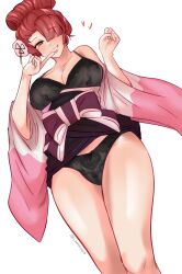 big_breasts black_panties bra bsd bungo_stray_dogs bungou_stray_dogs eyeliner female jammox kimono kimono_open koyo_ozaki lace lace_trim lingerie lipstick panties purple_hair pussy_visible_through_panties shushing smili smiling smiling_at_viewer tagme