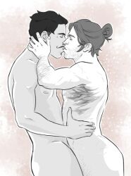 2boys ass bara beard_stubble beauty_mark black_and_white black_hair bun chest_hair closed_eyes colorless completely_nude dark_hair dorian_pavus dragon_age dragon_age_inquisition duo facial_hair frottage gay gay_male hairy_chest human inquisitor_(dragon_age) kissing long_hair mage male male/male male_only mole monochrome moustache naked naked_male nipples nsfwfrosch nude nude_male romantic scar scars standing standing_position stubble video_games yaoi