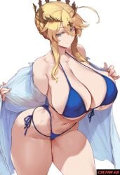 ai_clothes ai_generated ai_hands artoria_pendragon_(lancer) bikini blonde_hair blue_bikini crown csr_fan_621 fate/grand_order fate_(series) large_breasts looking_at_viewer self_upload smile solo solo_female solo_focus taking_clothes_off