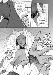 1boy 2girls breasts breasts_bigger_than_head buttoned_shirt cat_ears cat_girl catgirl comic dark-skinned_female dark_skin dialogue english_text female_pred gyaru huge_breasts imminent_vore large_breasts male_prey mean_pred monochrome original original_character original_characters page_4 pre_vore rasha_(artist) school_uniform smile tan_skin text text_bubble voluptuous voluptuous_female vore_comic white_hair yandere